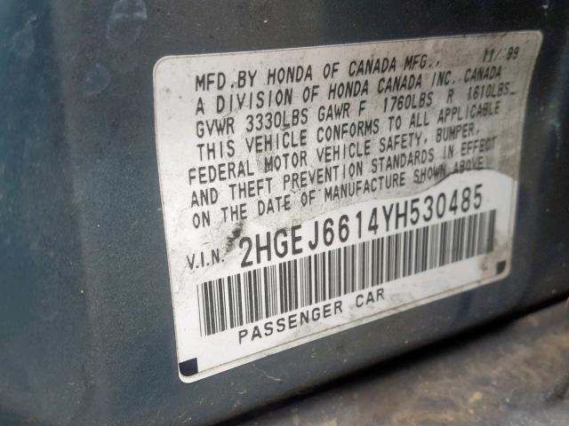 2HGEJ6614YH530485 - 2000 HONDA CIVIC BASE BLUE photo 10