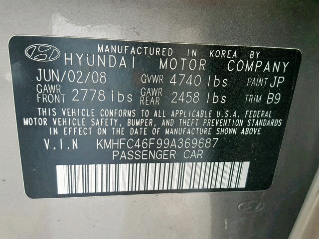 KMHFC46F99A369687 - 2009 HYUNDAI AZERA SE GRAY photo 10