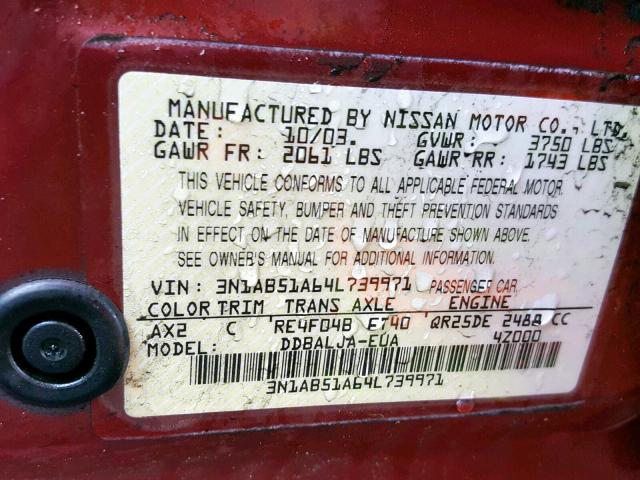 3N1AB51A64L739971 - 2004 NISSAN SENTRA 2.5 RED photo 10