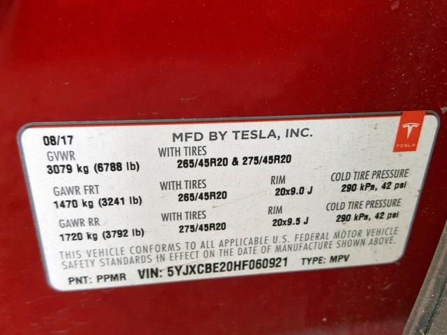 5YJXCBE20HF060921 - 2017 TESLA MODEL X RED photo 10