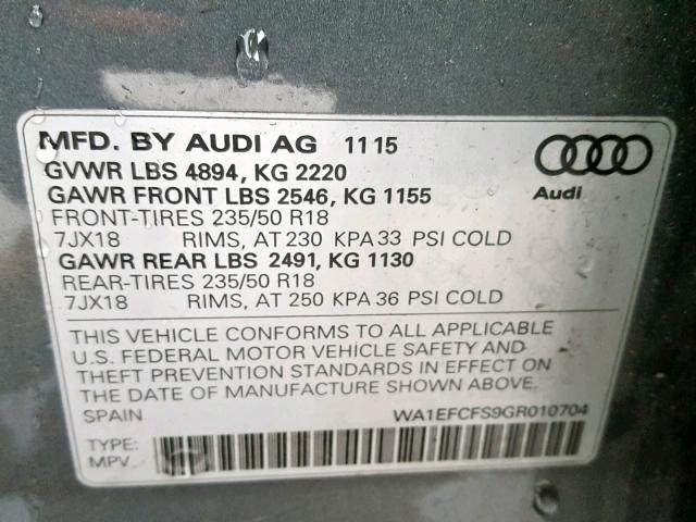 WA1EFCFS9GR010704 - 2016 AUDI Q3 PREMIUM GRAY photo 10