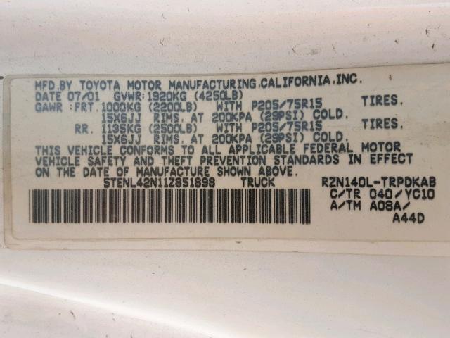 5TENL42N11Z851898 - 2001 TOYOTA TACOMA WHITE photo 10