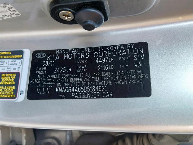 KNAGR4A65B5184921 - 2011 KIA OPTIMA SX SILVER photo 10