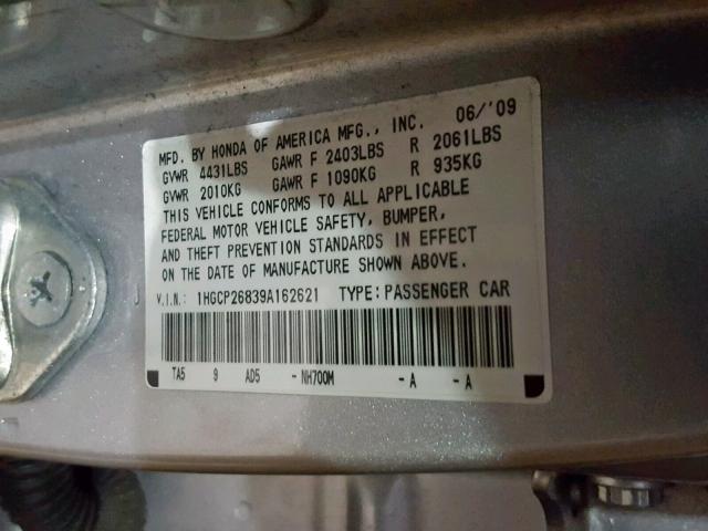 1HGCP26839A162621 - 2009 HONDA ACCORD EXL SILVER photo 10