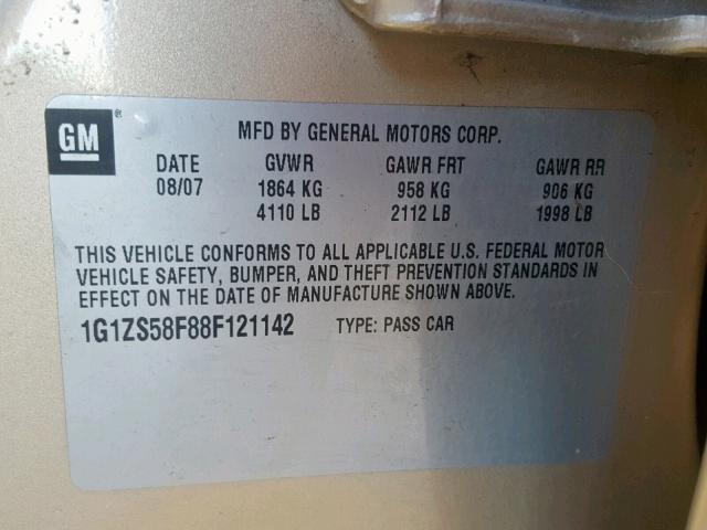 1G1ZS58F88F121142 - 2008 CHEVROLET MALIBU LS TAN photo 10
