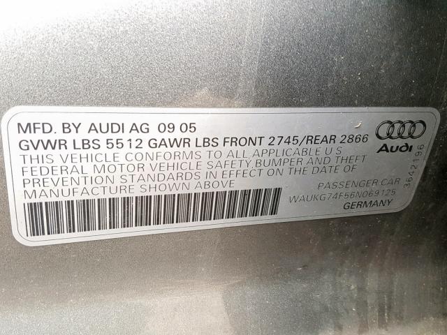 WAUKG74F56N069125 - 2006 AUDI A6 AVANT Q SILVER photo 10