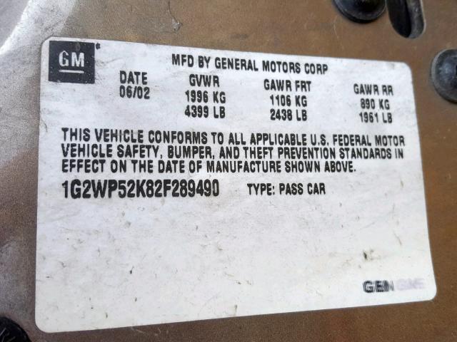 1G2WP52K82F289490 - 2002 PONTIAC GRAND PRIX BROWN photo 10