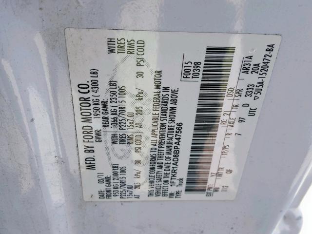 1FTKR1AD8BPA47566 - 2011 FORD RANGER WHITE photo 10