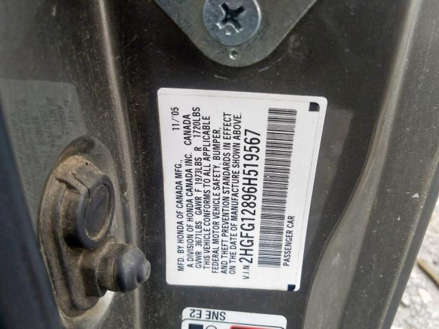 2HGFG12896H519567 - 2006 HONDA CIVIC EX  photo 10