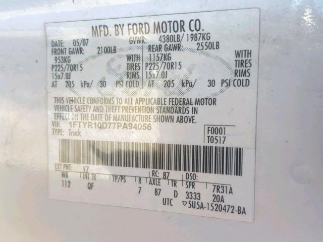 1FTYR10D77PA94056 - 2007 FORD RANGER WHITE photo 10