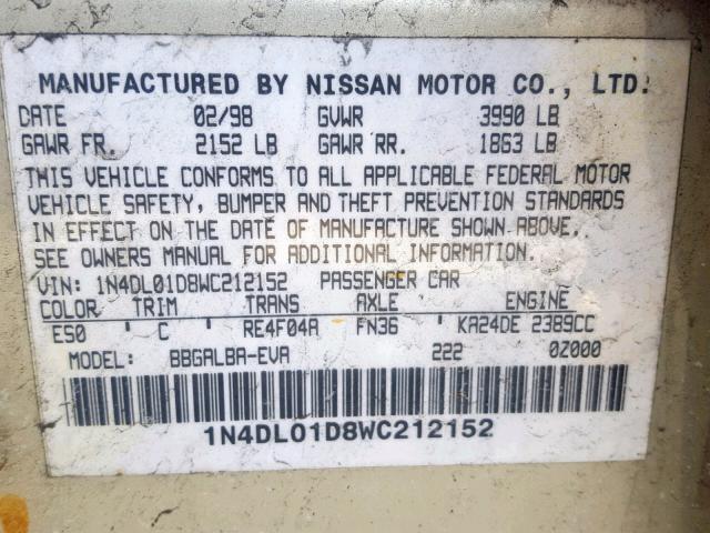 1N4DL01D8WC212152 - 1998 NISSAN ALTIMA XE GOLD photo 10