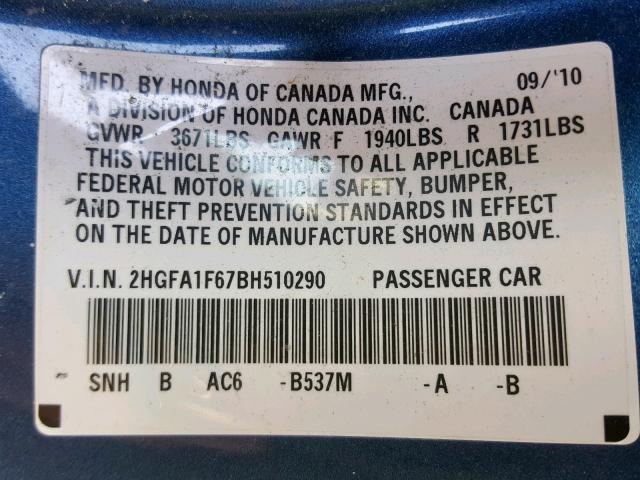 2HGFA1F67BH510290 - 2011 HONDA CIVIC LX-S 蓝色 照片 10
