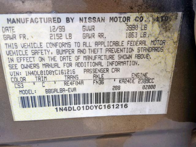 1N4DL01D0YC161216 - 2000 NISSAN ALTIMA XE GOLD photo 10