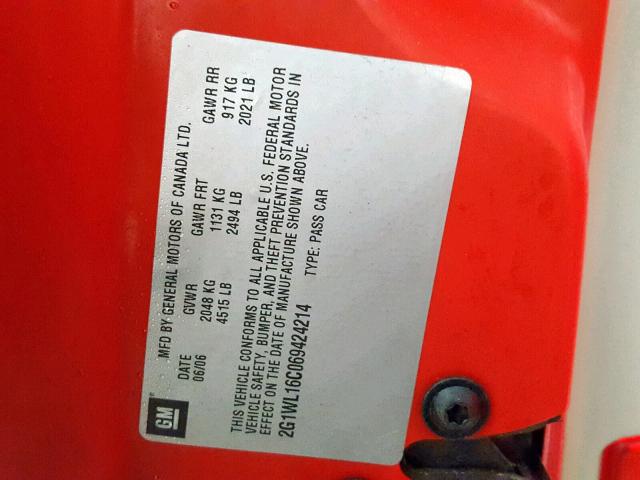2G1WL16C069424214 - 2006 CHEVROLET MONTE CARL 红色 照片 10