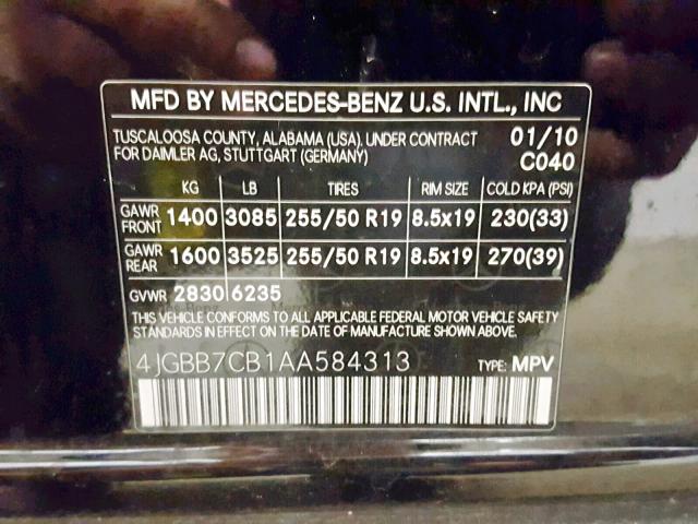 4JGBB7CB1AA584313 - 2010 MERCEDES-BENZ ML 550 4MA BLACK photo 10