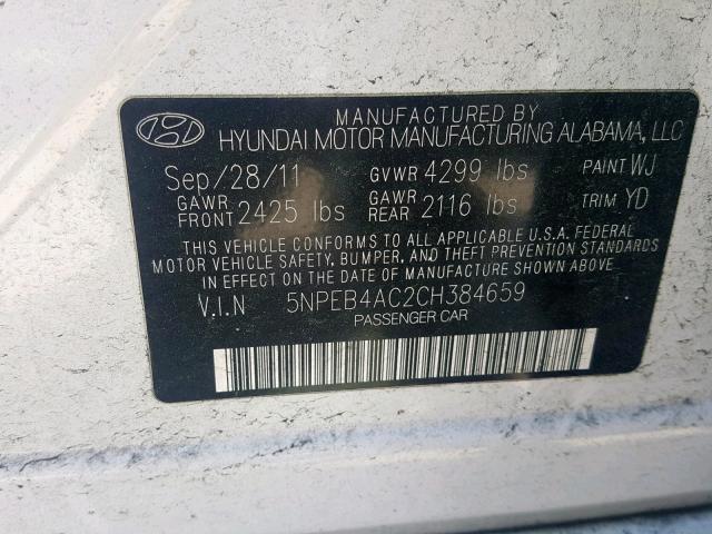 5NPEB4AC2CH384659 - 2012 HYUNDAI SONATA GLS WHITE photo 10