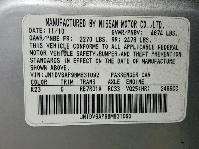 JN1DV6AP9BM831092 - 2011 INFINITI G25 BASE SILVER photo 10