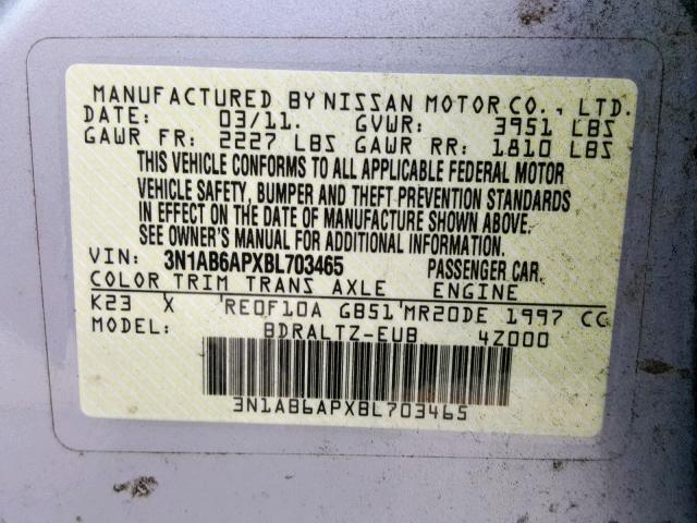 3N1AB6APXBL703465 - 2011 NISSAN SENTRA 2.0 SILVER photo 10