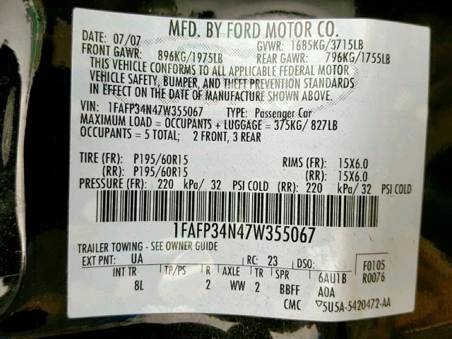 1FAFP34N47W355067 - 2007 FORD FOCUS ZX4 BLACK photo 10