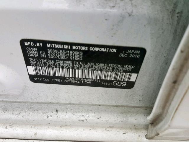 JA32U2FU6HU008755 - 2017 MITSUBISHI LANCER ES WHITE photo 10