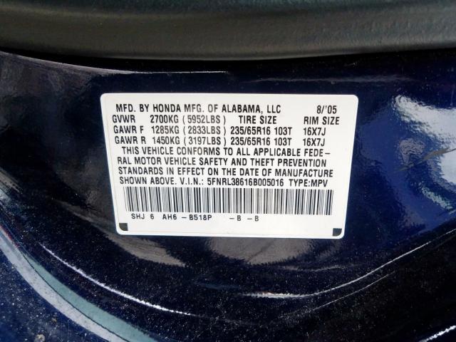 5FNRL38616B005016 - 2006 HONDA ODYSSEY EXL  photo 10