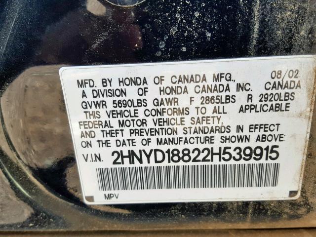 2HNYD18822H539915 - 2002 ACURA MDX TOURIN BLACK photo 10