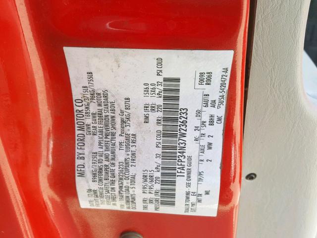 1FAFP34N37W236233 - 2007 FORD FOCUS ZX4 RED photo 10