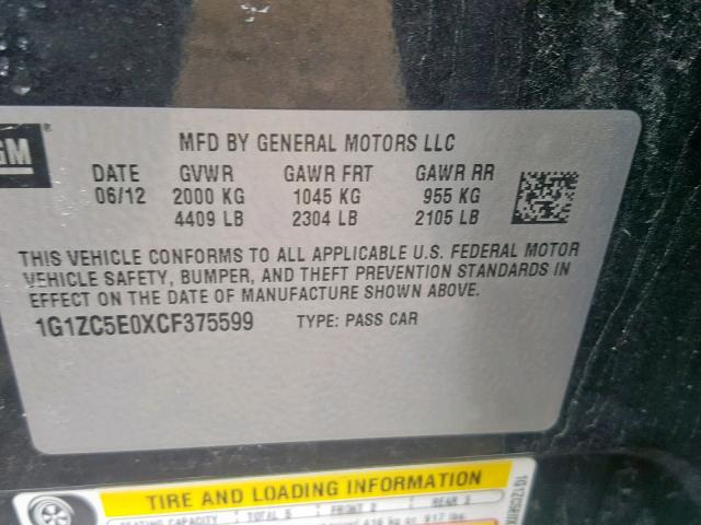 1G1ZC5E0XCF375599 - 2012 CHEVROLET MALIBU 1LT 黑色 照片 10