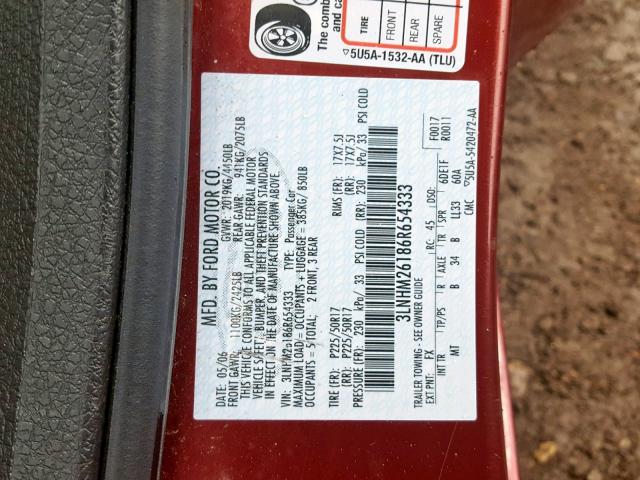 3LNHM26186R654333 - 2006 LINCOLN ZEPHYR RED photo 10