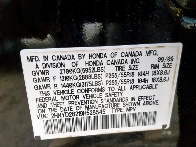 2HNYD28219H528545 - 2009 ACURA MDX BLACK photo 10