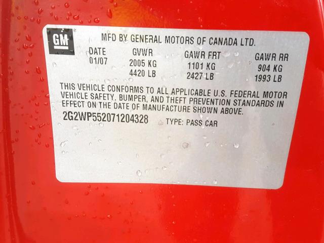 2G2WP552071204328 - 2007 PONTIAC GRAND PRIX RED photo 10