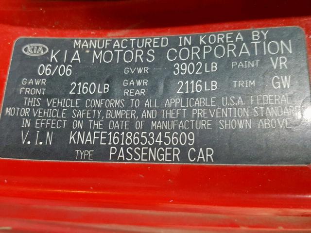 KNAFE161865345609 - 2006 KIA SPECTRA5 RED photo 10