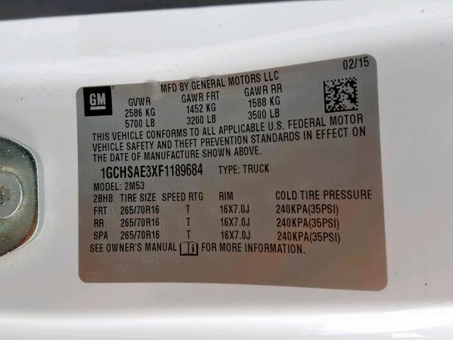 1GCHSAE3XF1189684 - 2015 CHEVROLET COLORADO WHITE photo 10