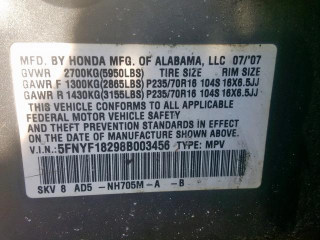 5FNYF18298B003456 - 2008 HONDA PILOT VP GRAY photo 10