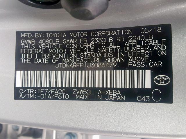 JTDKARFP1J3086479 - 2018 TOYOTA PRIUS PRIM 银色 照片 10