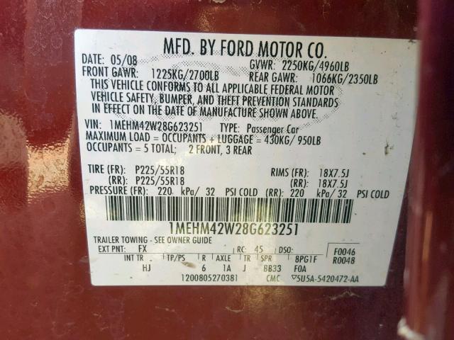 1MEHM42W28G623251 - 2008 MERCURY SABLE PREM MAROON photo 10