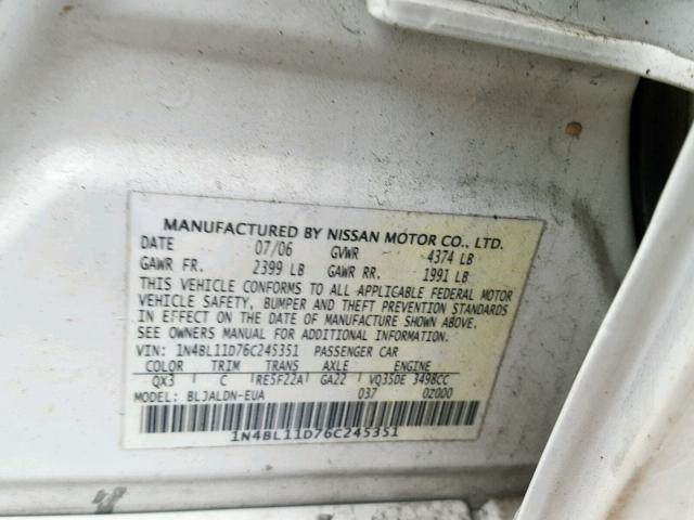 1N4BL11D76C245351 - 2006 NISSAN ALTIMA SE WHITE photo 10