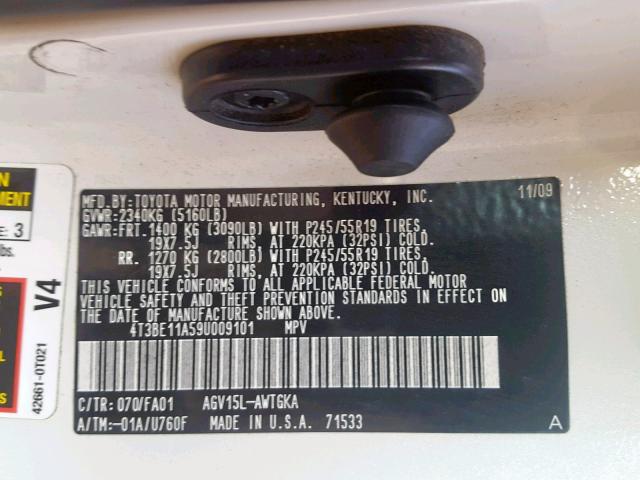 4T3BE11A59U009101 - 2009 TOYOTA VENZA WHITE photo 10