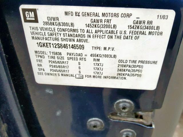 1GKET12S846146509 - 2004 GMC ENVOY XUV BLUE photo 10