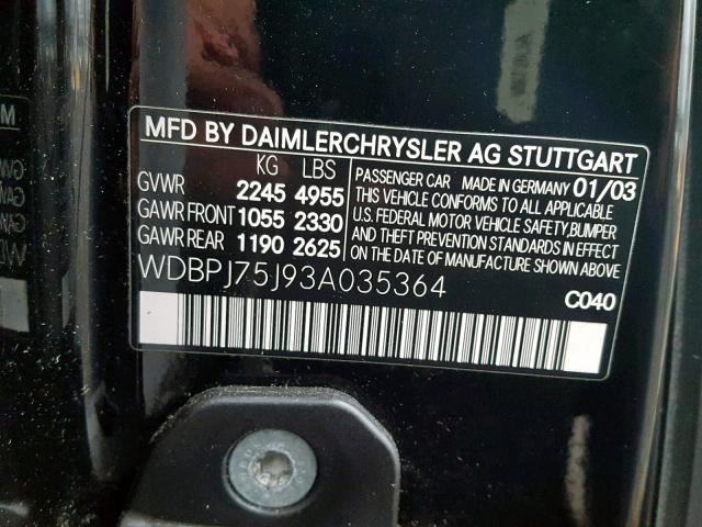 WDBPJ75J93A035364 - 2003 MERCEDES-BENZ CL 500 BLACK photo 10