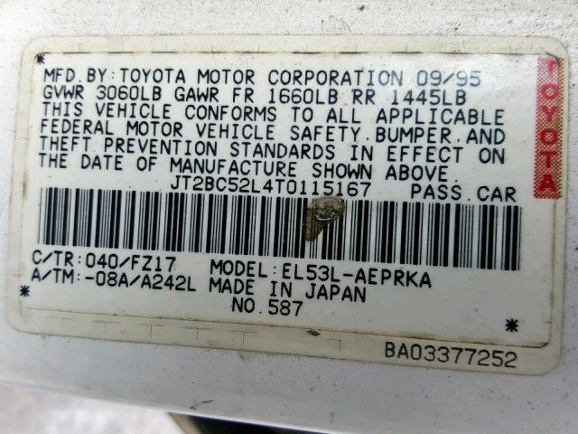 JT2BC52L4T0115167 - 1996 TOYOTA TERCEL DX WHITE photo 10