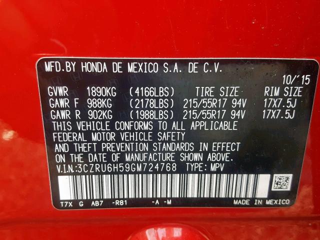 3CZRU6H59GM724768 - 2016 HONDA HR-V EX RED photo 10