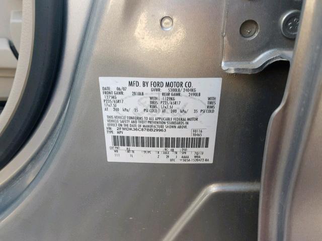 2FMDK36C87BB29963 - 2007 FORD EDGE SE SILVER photo 10