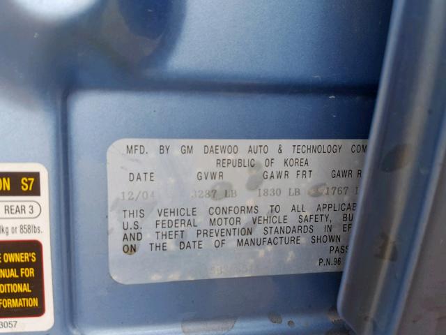 KL1TD62655B388514 - 2005 CHEVROLET AVEO BASE Көк фото 10