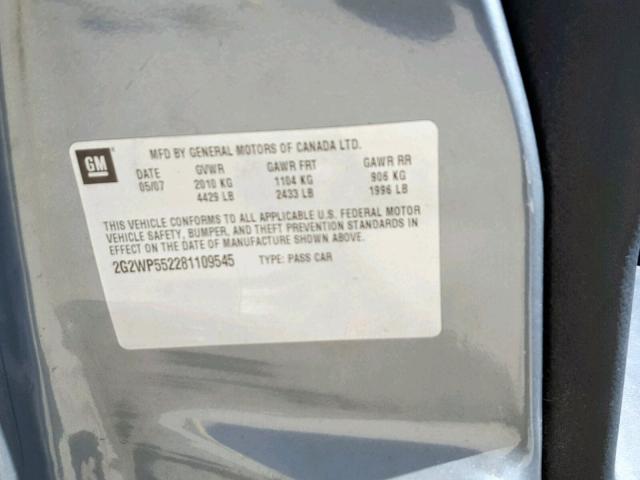 2G2WP552281109545 - 2008 PONTIAC GRAND PRIX GRAY photo 10