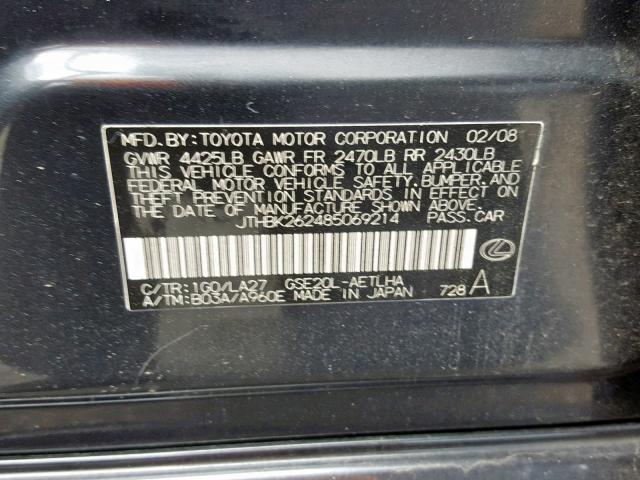 JTHBK262485069214 - 2008 LEXUS IS 250 BLACK photo 10