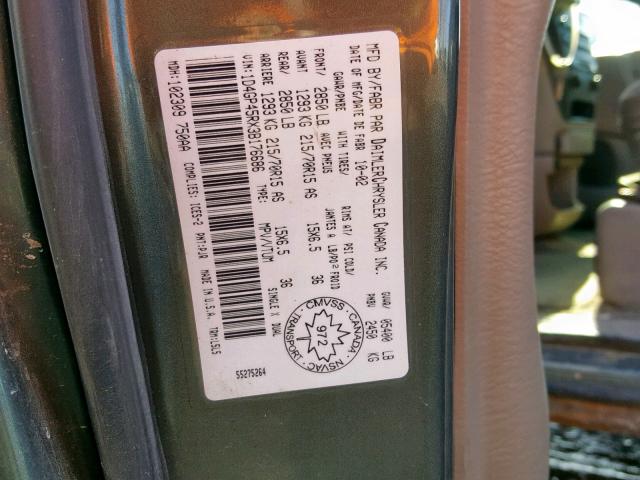 1D4GP45RX3B176686 - 2003 DODGE CARAVAN SP GREEN photo 10