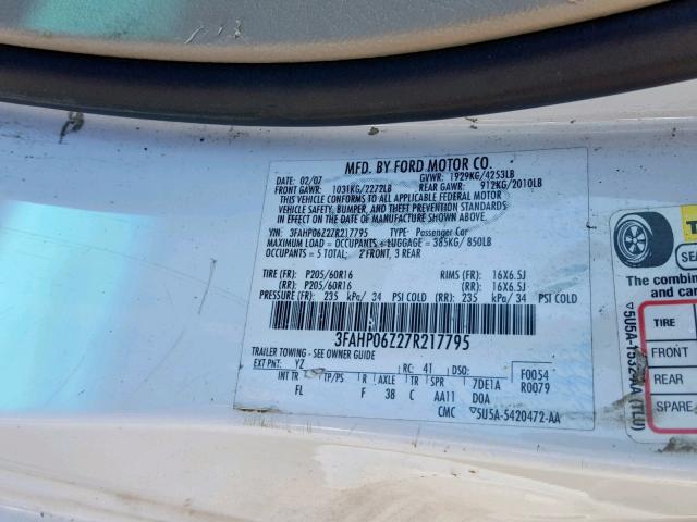 3FAHP06Z27R217795 - 2007 FORD FUSION S WHITE photo 10