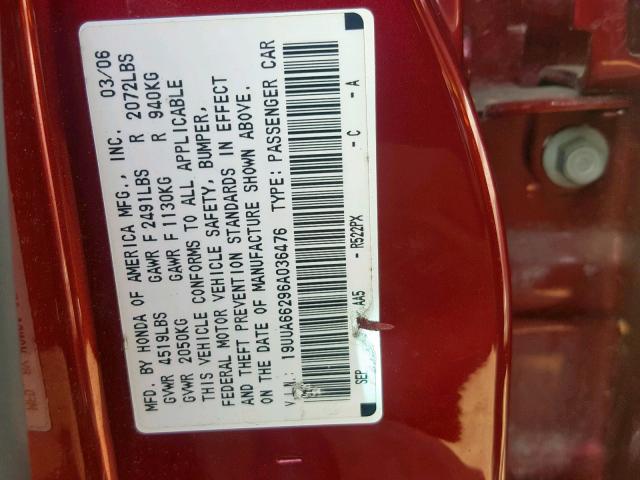 19UUA66296A036476 - 2006 ACURA 3.2TL RED photo 10