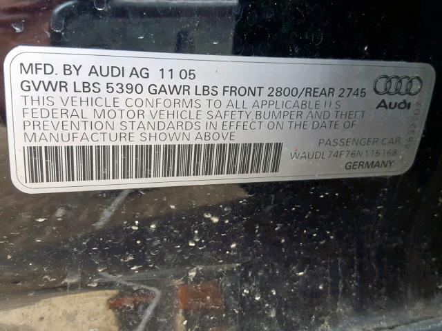 WAUDL74F76N115168 - 2006 AUDI A6 4.2 QUA BLACK photo 10